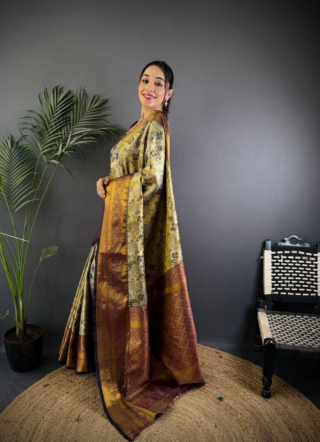 Elora Green Silk Leheriya Meenakari Zari Weaves Dharmavaram Saree | Grocsy