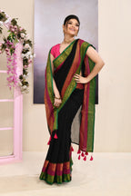 Piyari Fashion Women's Black Embellished Zari Border Cotton Saree | Grocsy