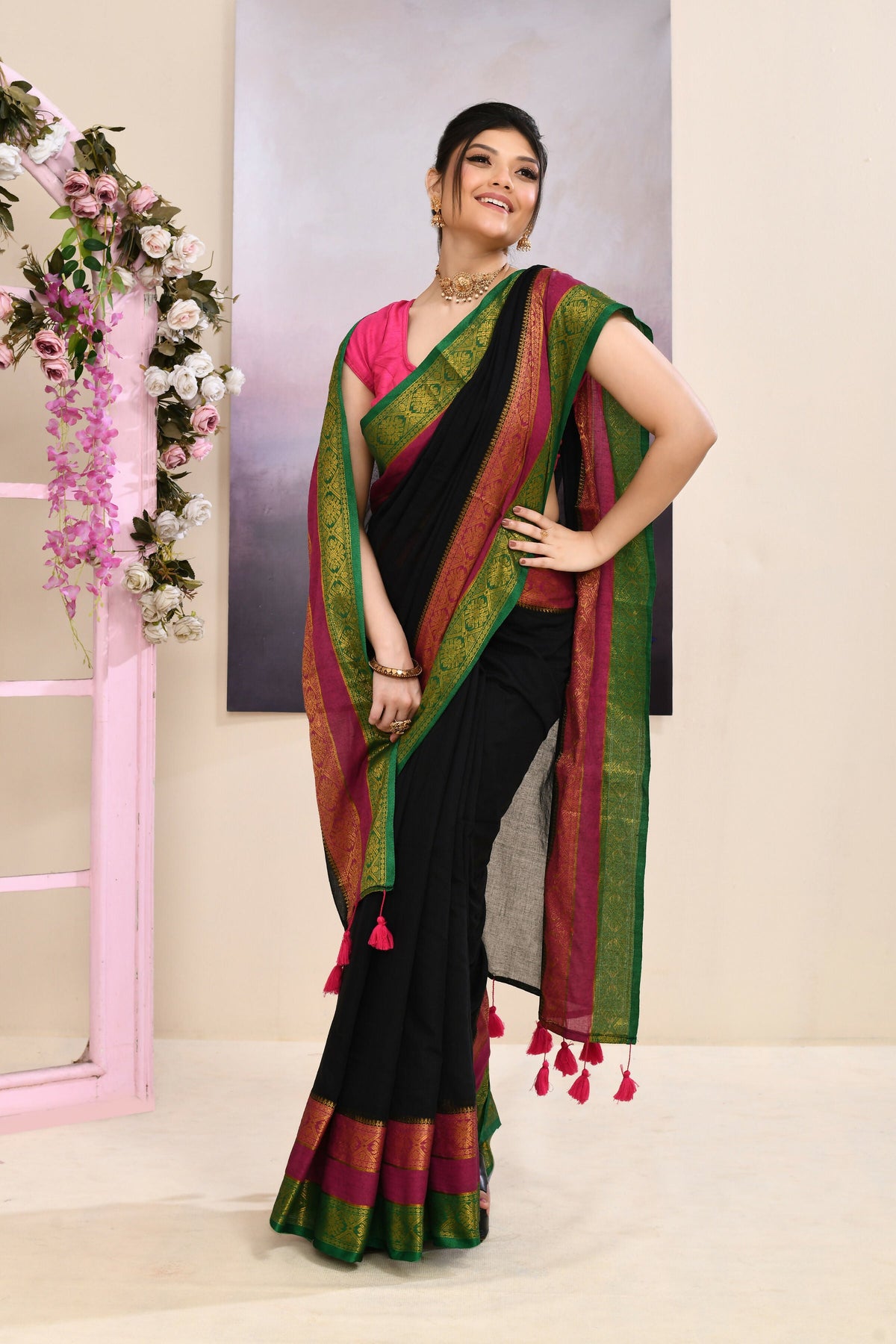 Piyari Fashion Women's Black Embellished Zari Border Cotton Saree | Grocsy