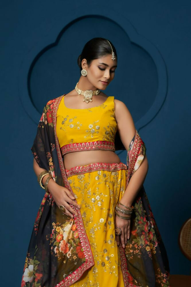Yellow Floral Georgette Sequence Work Lehenga Choli - Jihu Culture | Grocsy