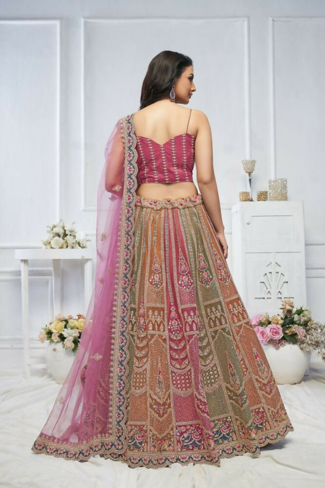 Kesar Fab Multi-Onion Net Embroidered Lehenga | Grocsy