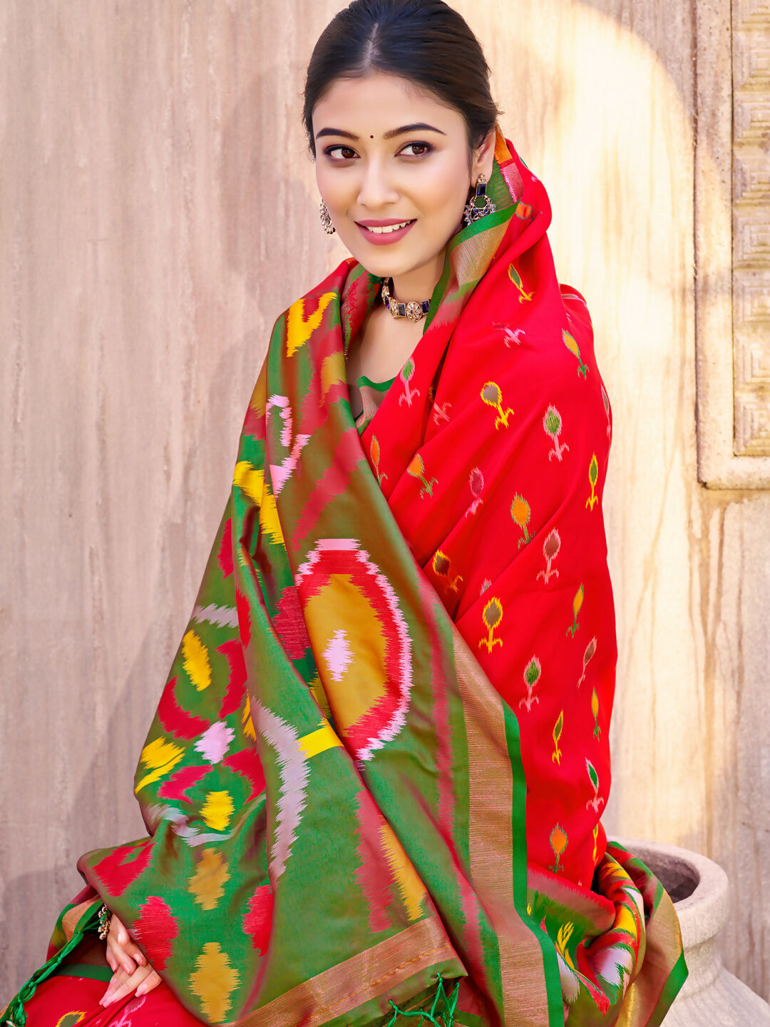 Shree Shyam Fashion Red Pochampally Silk Saree | Grocsy