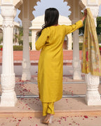 Jyoti Fashion Women's Yellow Cotton Silk Hand Work with Floral Printed Kurta Set | Grocsy