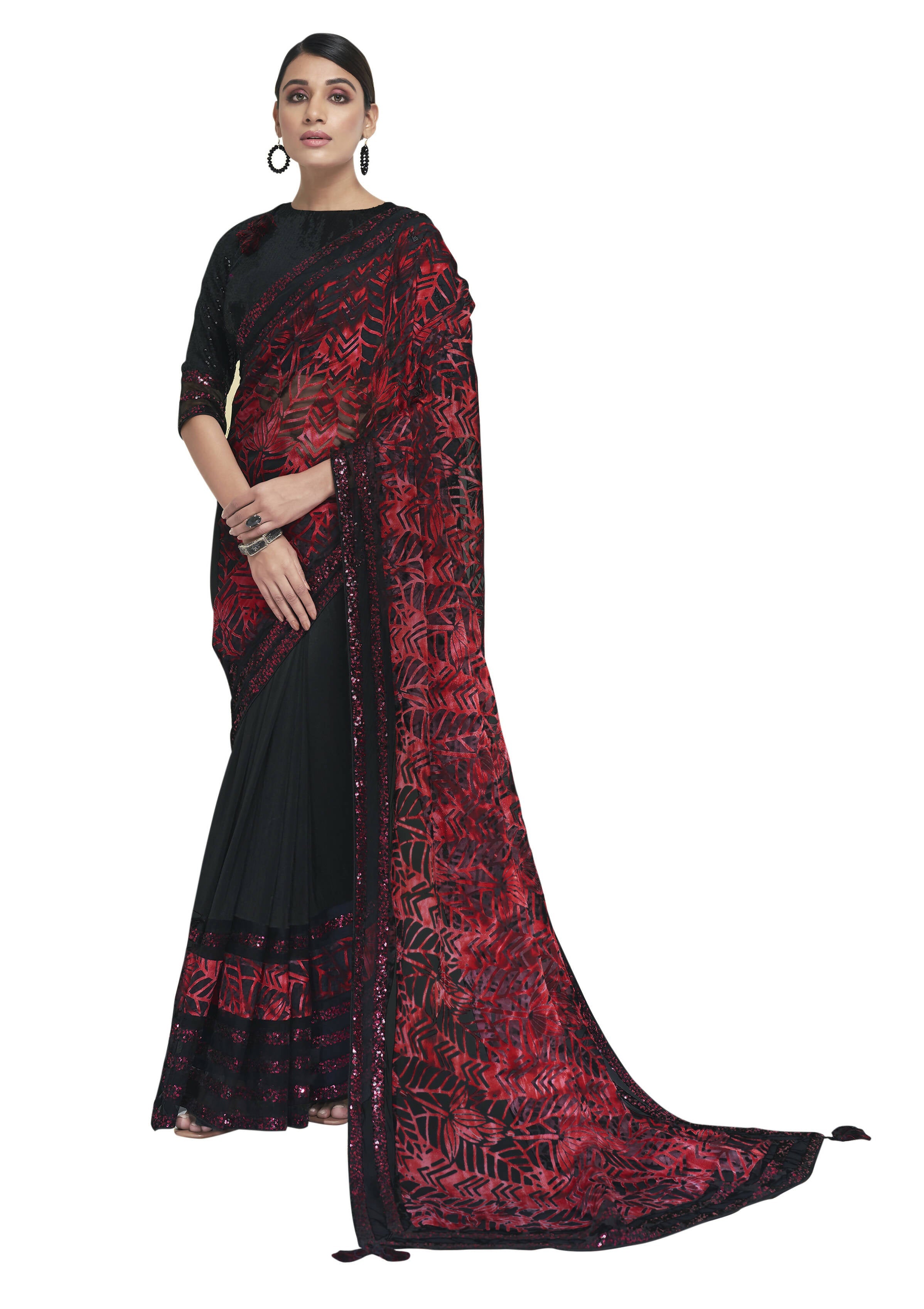 Red & Black Brasso With Crepe Sequence Saree With Blouse Piece - Norita Avyaan | Grocsy