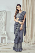 Mahotsav Women's Grey Lycra Embellished Ready To Wear Saree With Stitched Blouse | Grocsy