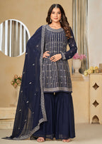 Faux Georgette Blue Embroidered Gharara Style Suit - Emponline | Grocsy
