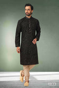 Raivat Ethnic Cotton Printed Work Kurta Pajama In Black Colour | Grocsy