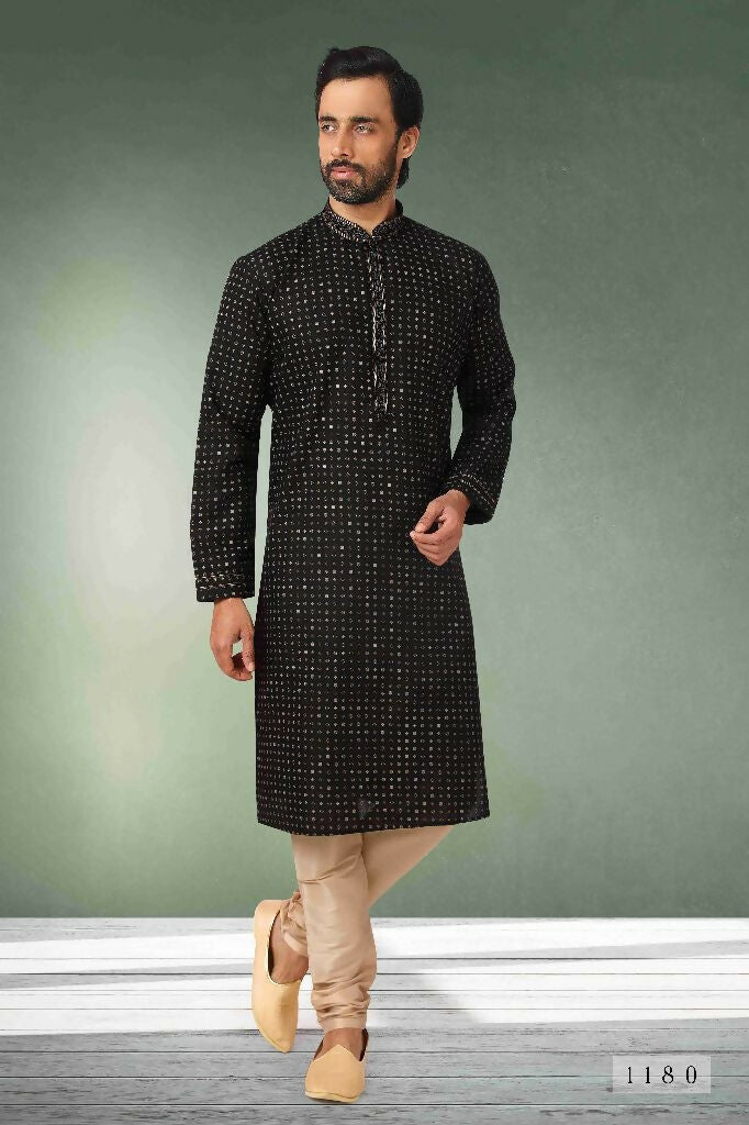 Raivat Ethnic Cotton Printed Work Kurta Pajama In Black Colour | Grocsy