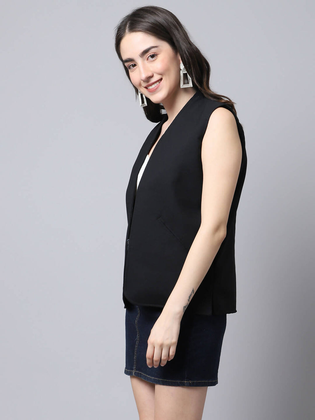 Even Apparels Black Linen Cotton Open Front Women's Waistcoat | Grocsy