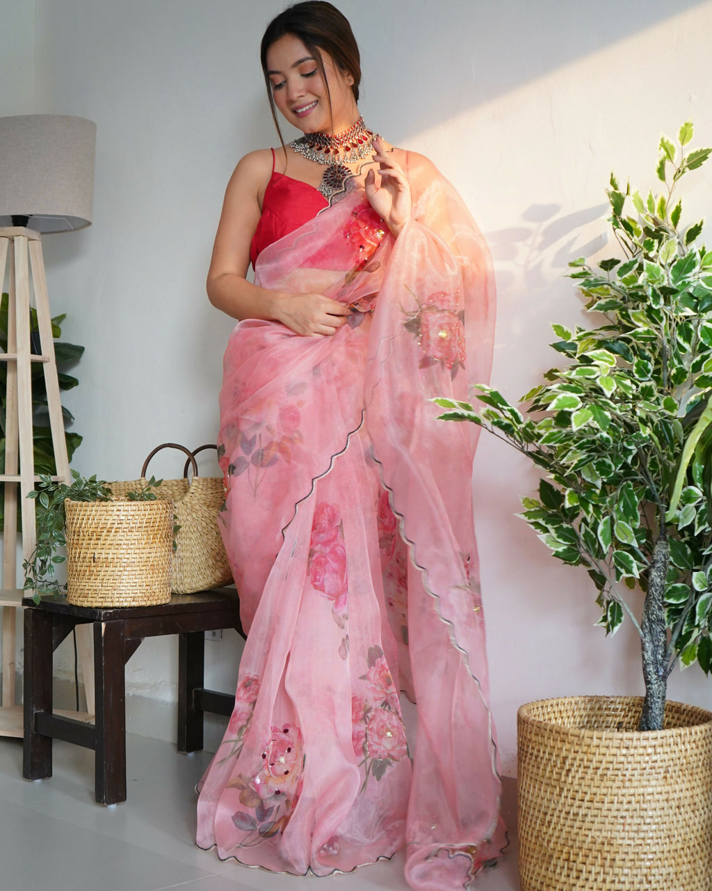 Vamsee Ramya Onion Organza Saree | Grocsy