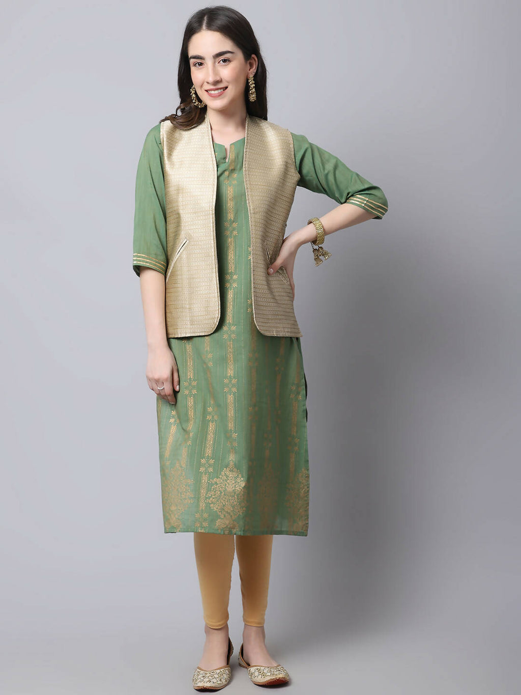 Even Apparels Beige Bansari Silk Open Front Gillet | Grocsy