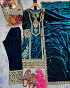 Teeya Creation Teal Color Velvet Fabric Designer Embroidery Work Suit | Grocsy