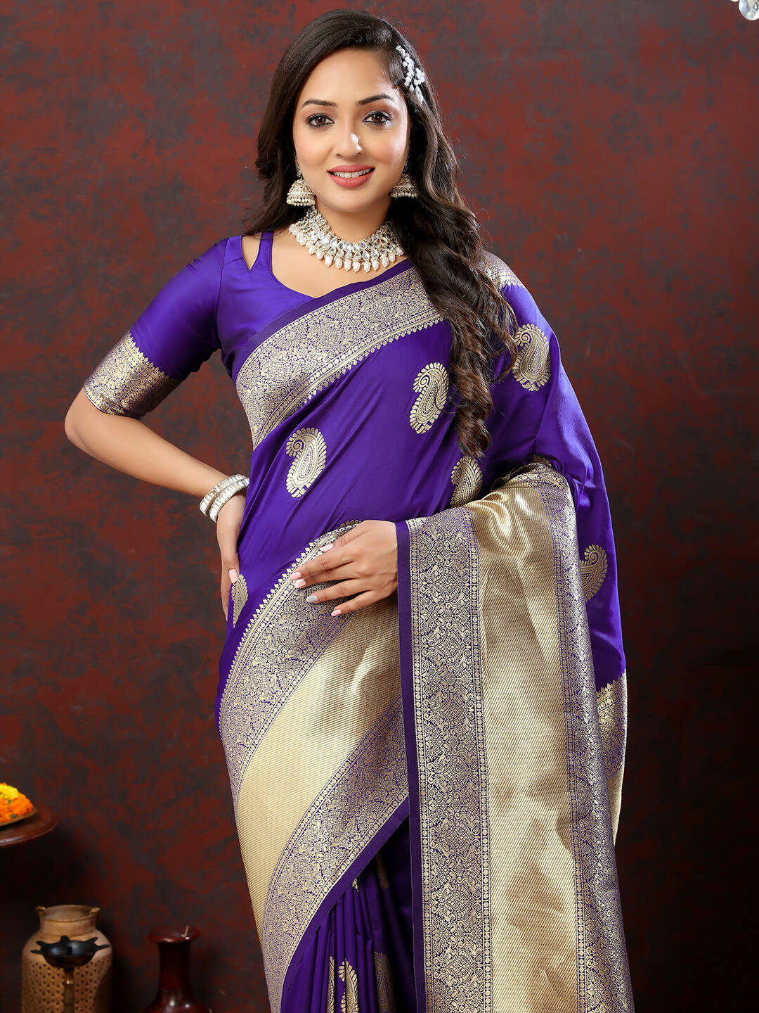 Lorenvalley Fashion Purple Soft Silk Woven Design Gold Zari Weaving Saree | Grocsy