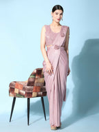 Pink Imported Crush Lycra Texture Pattern Ready to Wear Saree with stitched Blouse - Nirvana | Grocsy