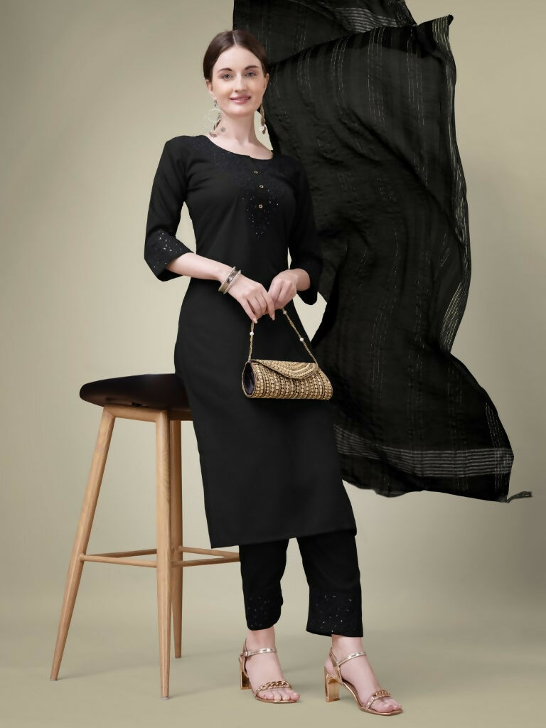 Jyoti Fashion Women's Black Cotton Blend Embroidery & Sequence work Kurta with Trouser & Dupatta | Grocsy