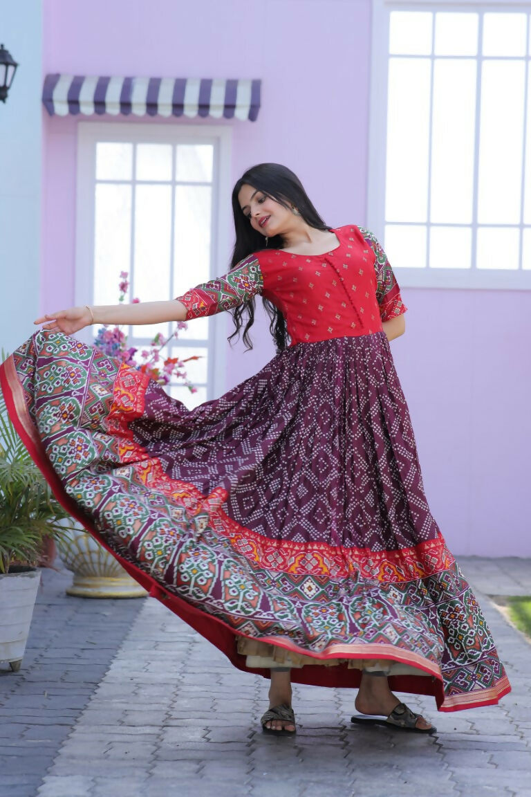 Jyoti Fashion Women's Wine Patola with Foil Print Dola Silk Anarkali Dress | Grocsy