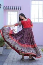 Jyoti Fashion Women's Wine Patola with Foil Print Dola Silk Anarkali Dress | Grocsy