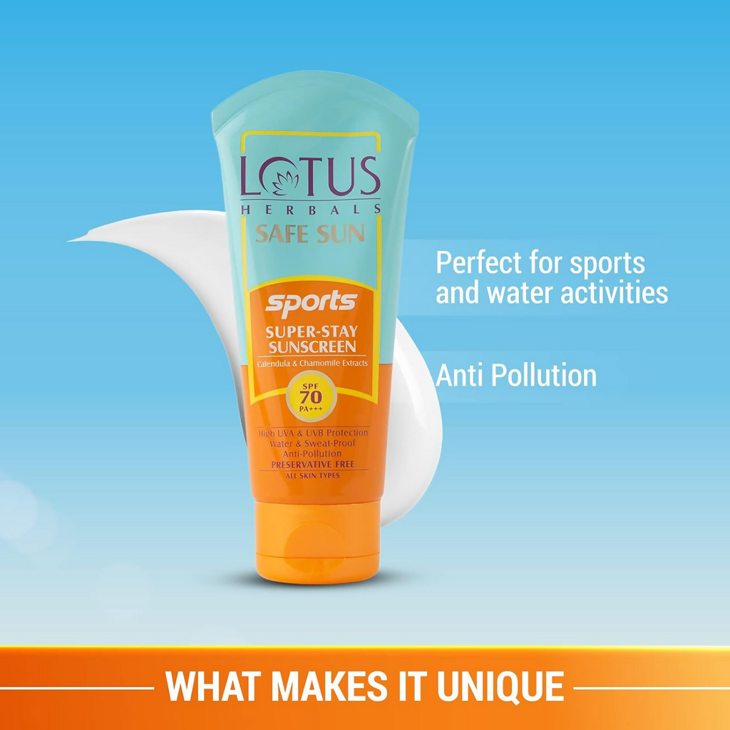 Lotus Herbals Safe Sun Sports Super Stay Sunscreen Cream SPF 70 PA+++ | Grocsy