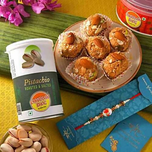 White Pearl Beads Rakhi & Laddu Hamper Combo | Grocsy