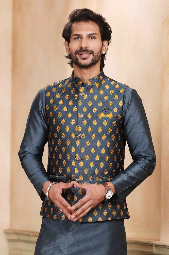 Raivat Ethnic Jacquard Banarasi Silk Woven Work 3 Pics Jacket Set In Dark Grey Colour | Grocsy