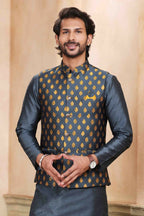 Raivat Ethnic Jacquard Banarasi Silk Woven Work 3 Pics Jacket Set In Dark Grey Colour | Grocsy