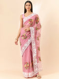 Pink Organza Floral Embroidered Saree with Unstitched Blouse Piece - Roozal | Grocsy