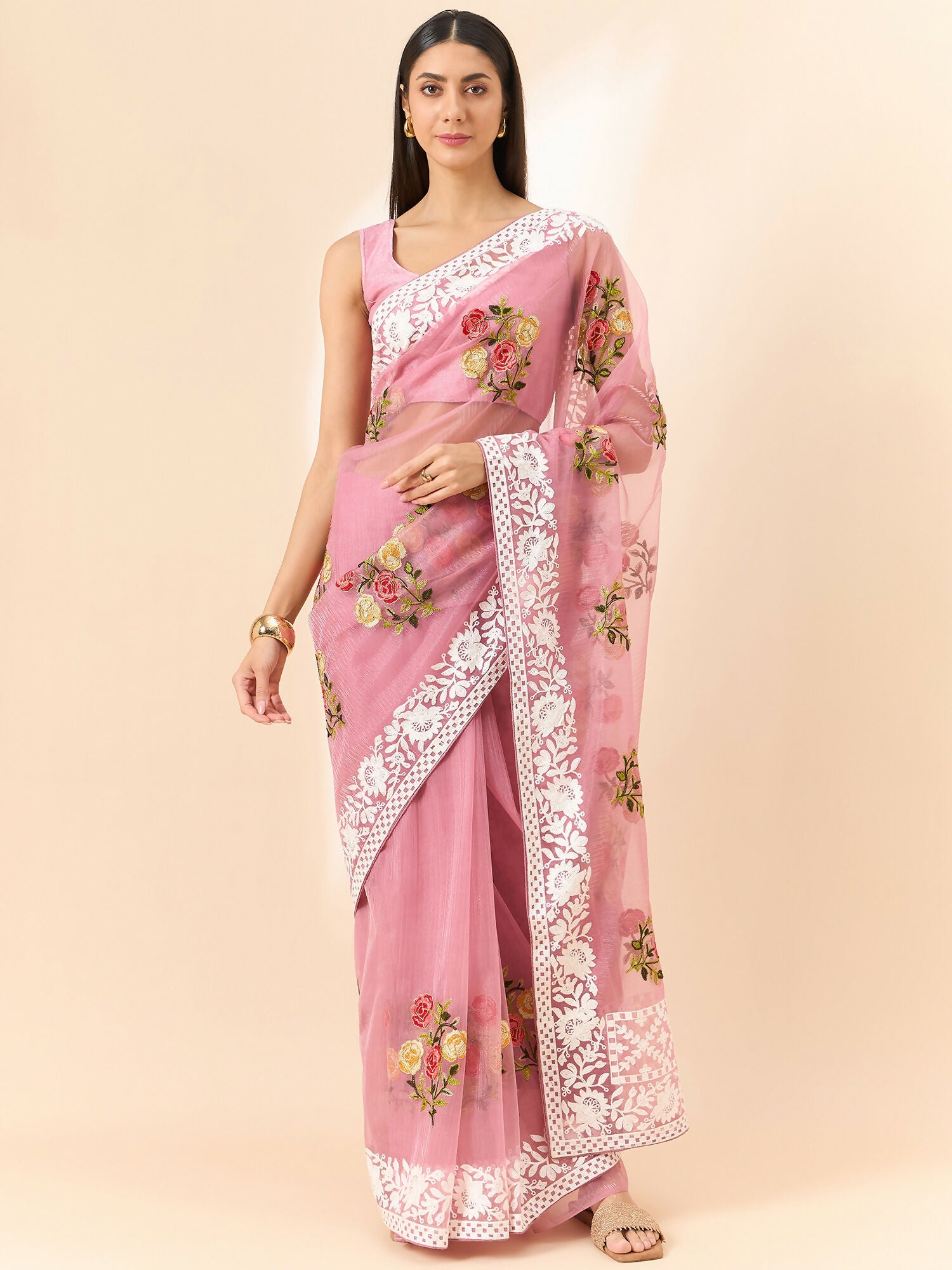 Pink Organza Floral Embroidered Saree with Unstitched Blouse Piece - Roozal | Grocsy