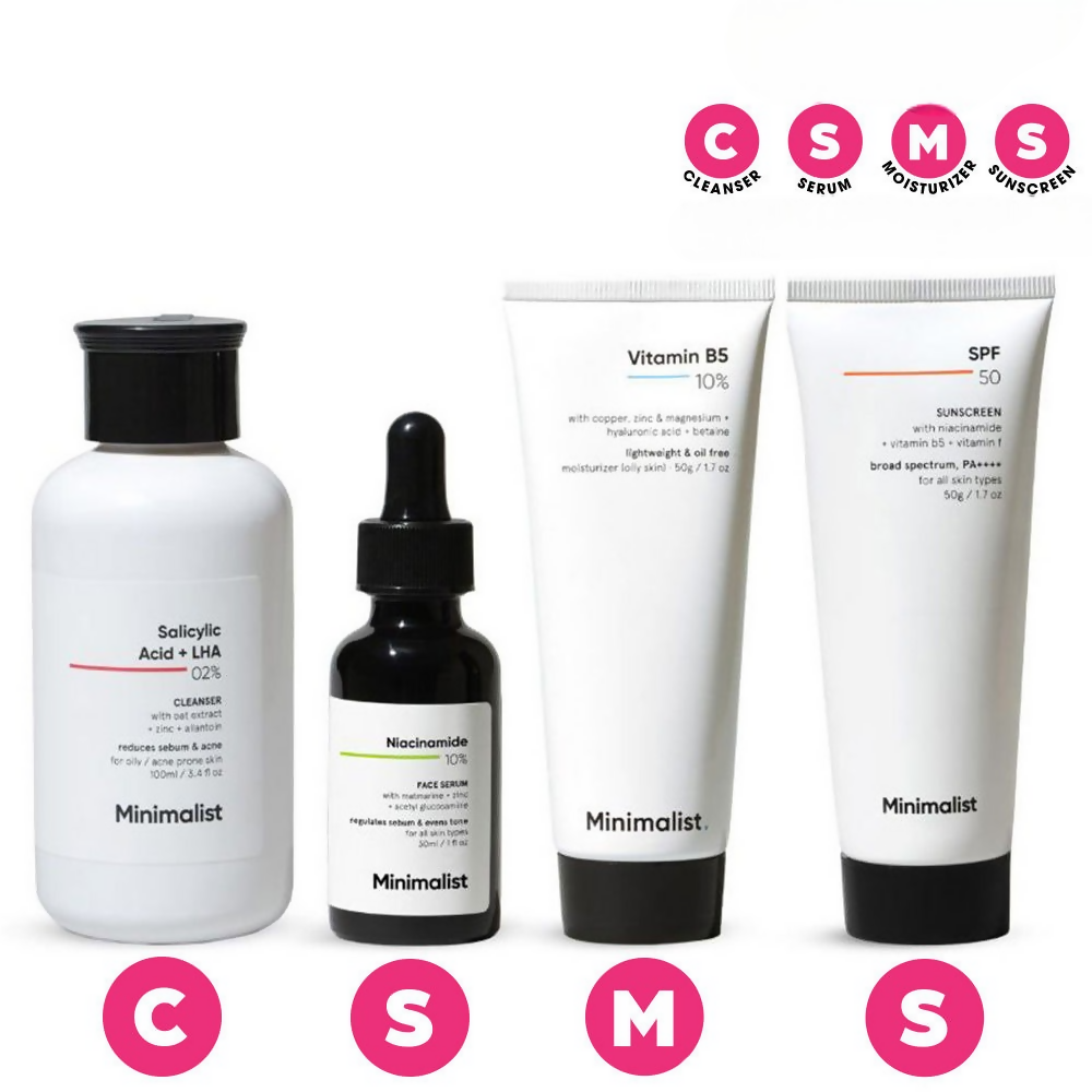 Minimalist Daily Skincare Routine CSMS (Cleanser, Serum, Moisturizer, Sunscreen) Combo For Oily & Acne Prone Skin | Grocsy