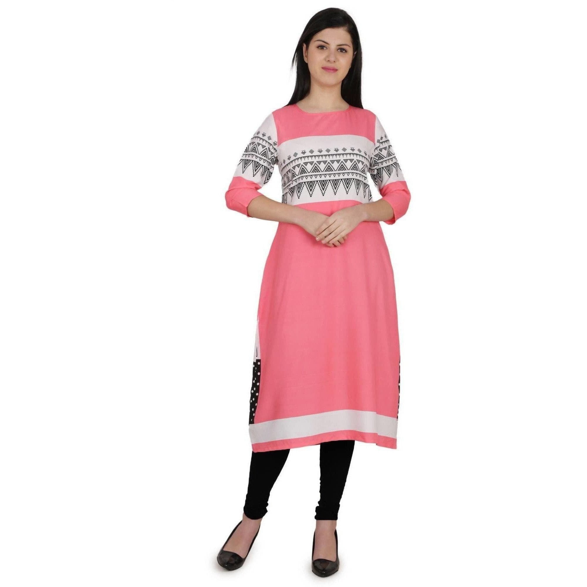 Kanoor Women's pink A Line Round Neck kurti | Grocsy