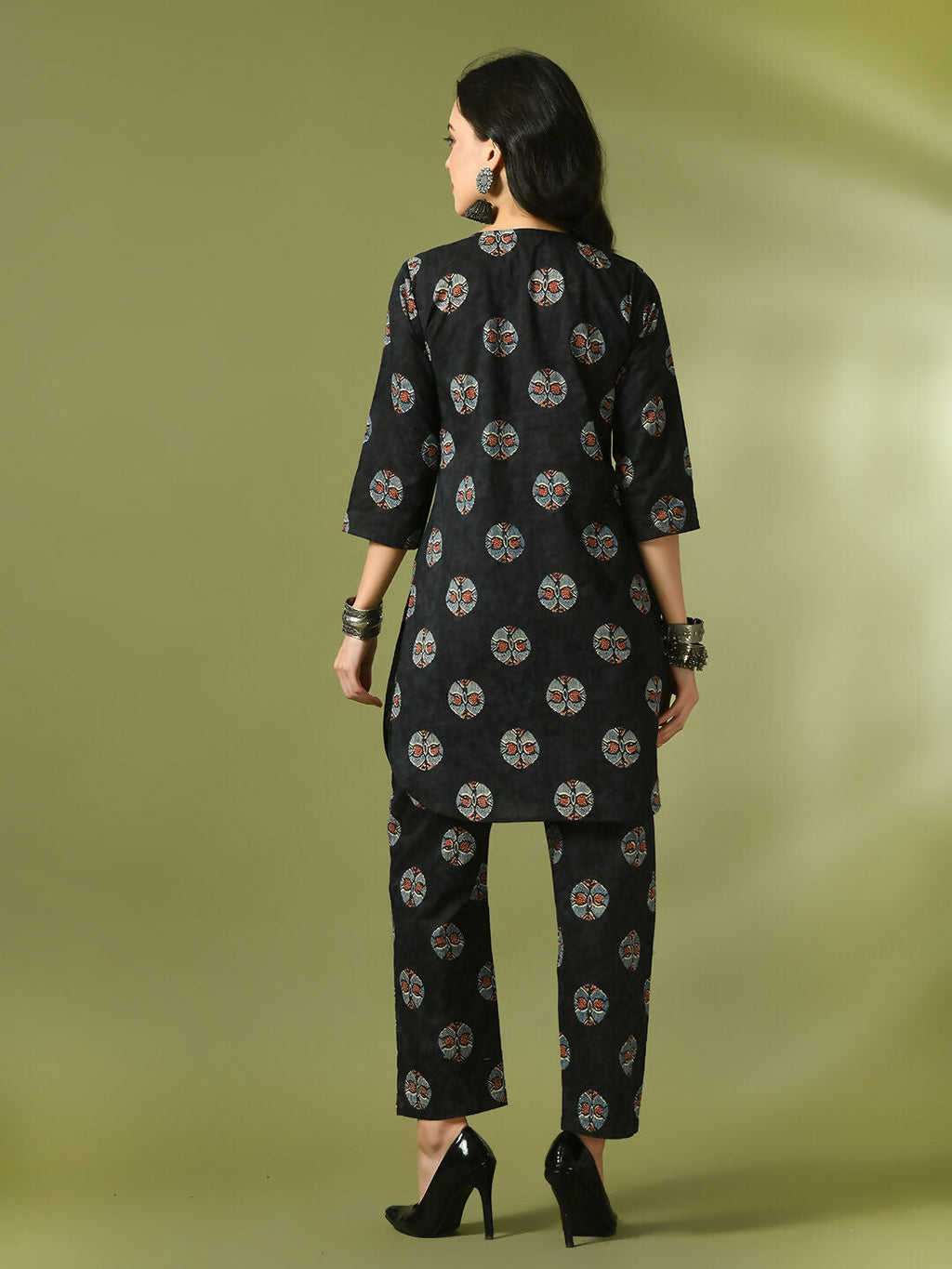Myshka Women's Black Printed Cotton Round Neck Party Tunic With Trousers Co-ord set | Grocsy