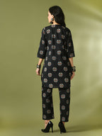 Myshka Women's Black Printed Cotton Round Neck Party Tunic With Trousers Co-ord set | Grocsy