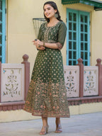 Juniper Women Olive Chanderi Printed Maxi Dress with Embroidered Yoke | Grocsy