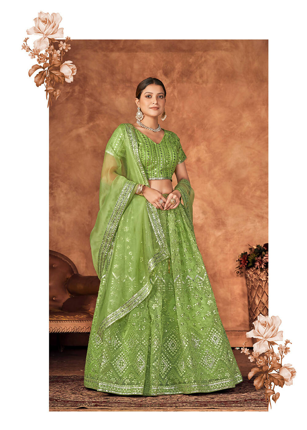 Wedding Designer Parrot Organza lehengha Choli - Anbazaar | Grocsy