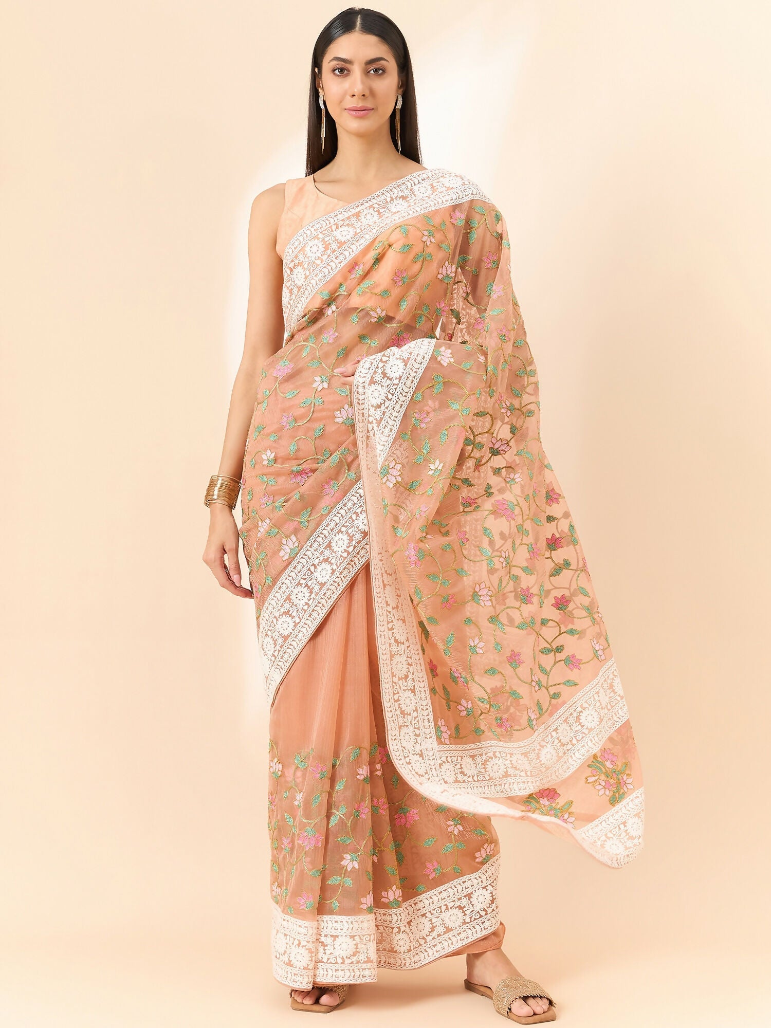 Peach Organza Floral Embroidered Saree with Unstitched Blouse Piece - Roozal | Grocsy