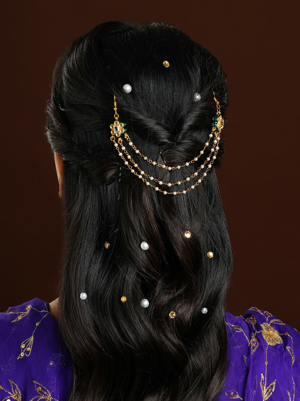 Ruby Raang Gold Green Meenakari & Pearl Hair Jewelry | Grocsy