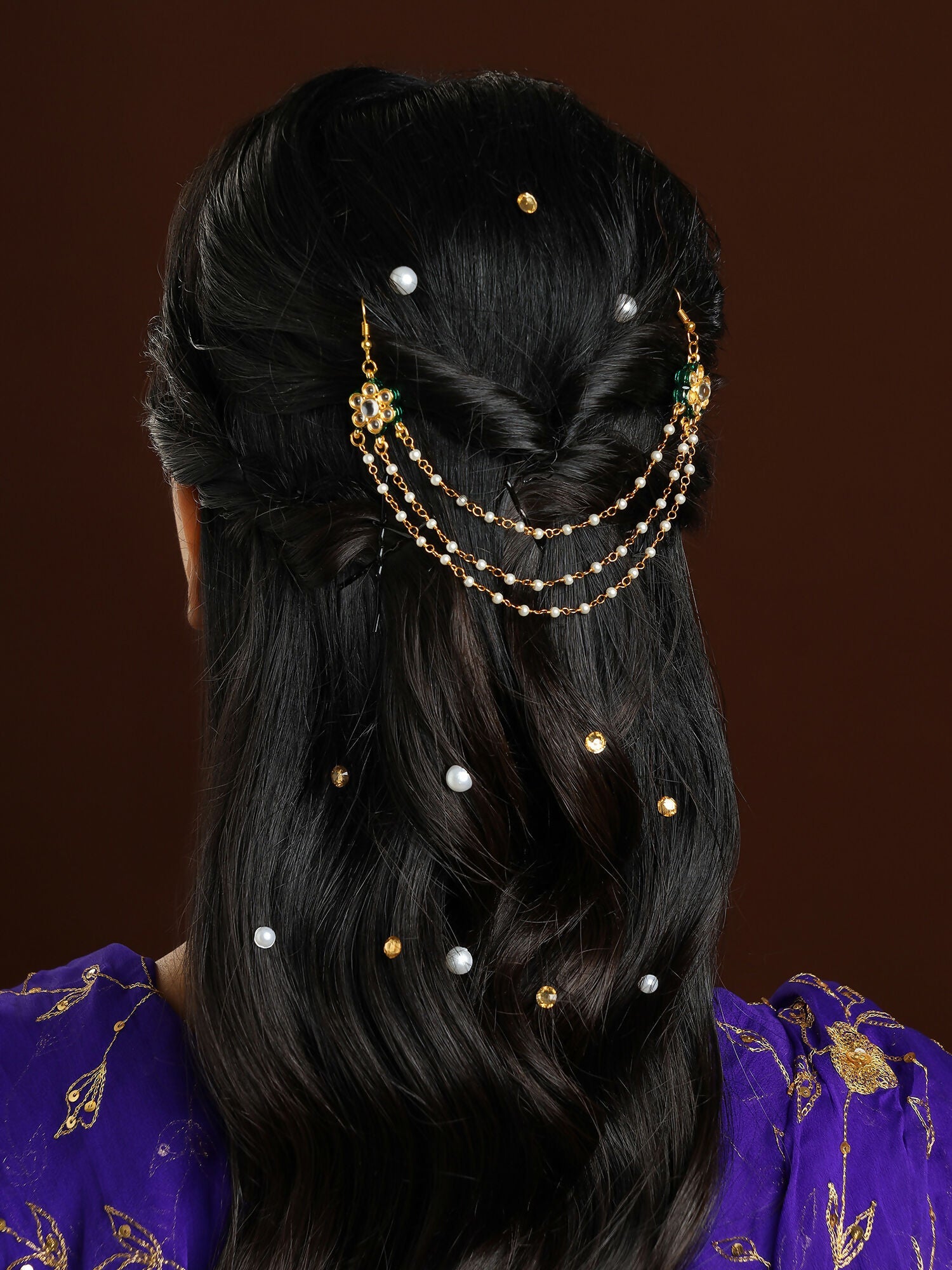 Ruby Raang Gold Green Meenakari & Pearl Hair Jewelry | Grocsy