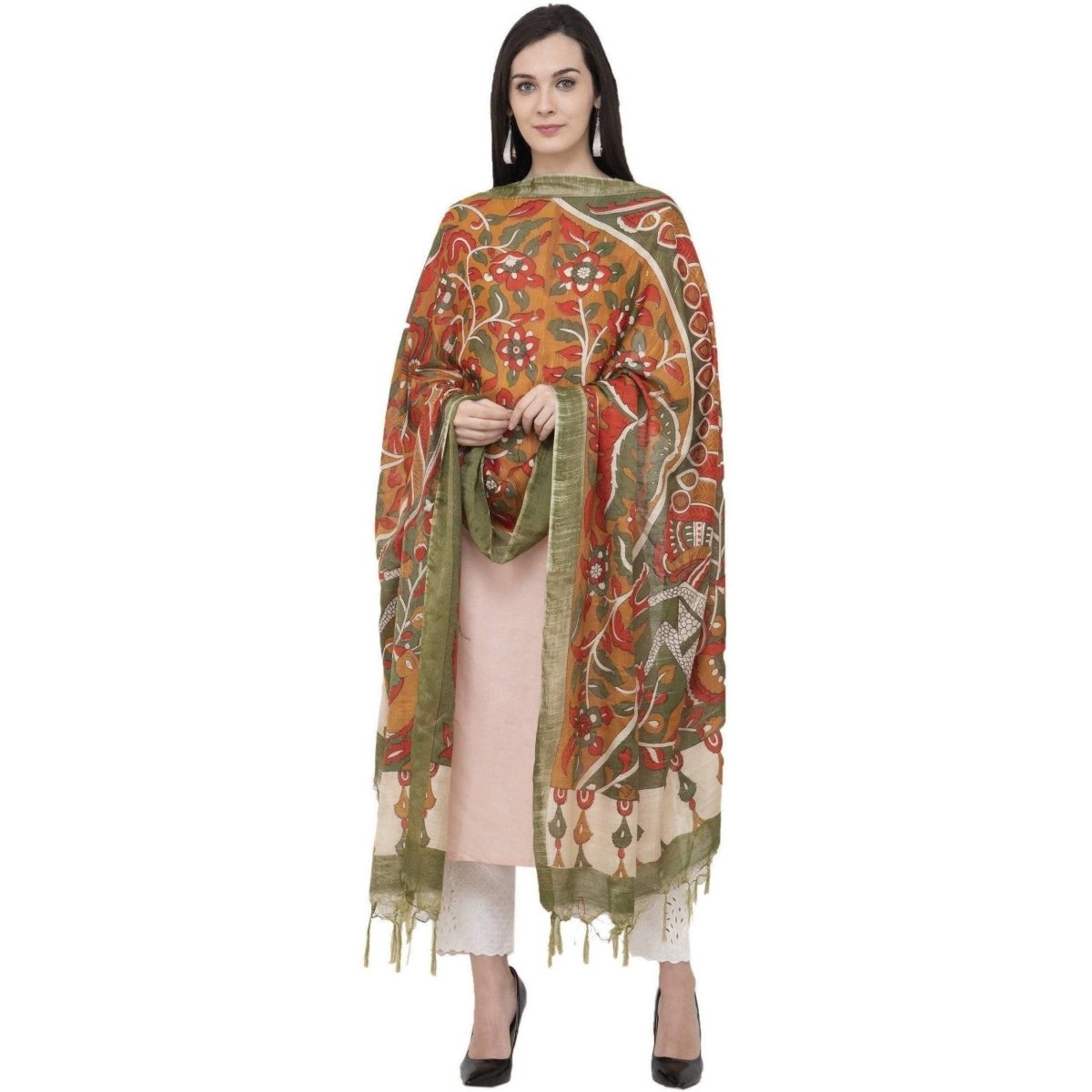 A R Silk Modal Kalamkari Printed Fancy Green Dupatta | Grocsy