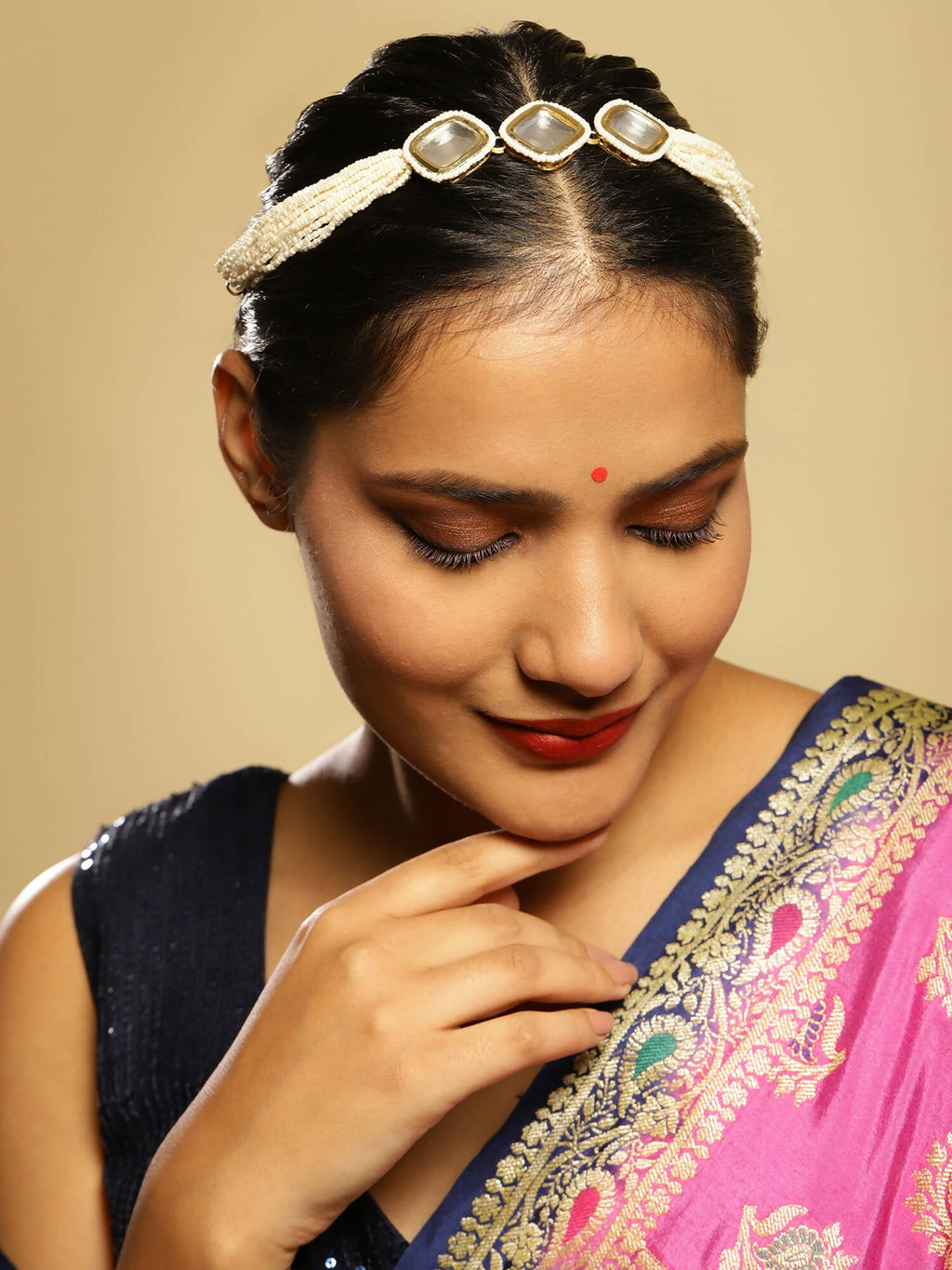 Gold-Polished White Kundan-Studded Pearl Beaded Hair Band - Ruby Raang | Grocsy