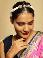 Gold-Polished White Kundan-Studded Pearl Beaded Hair Band - Ruby Raang | Grocsy