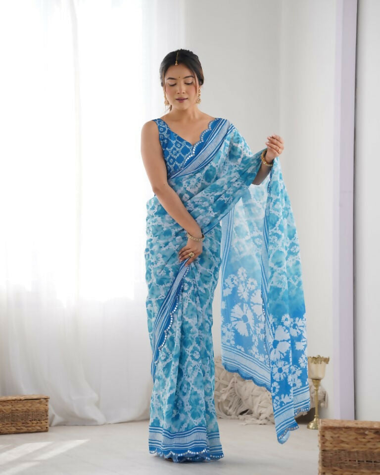Blue Chinon Designer Digital Printed & Mirror Cut Work Saree - Kriti | Grocsy