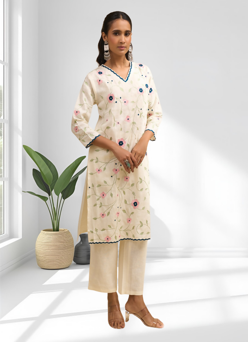 Joban Fashion Cream Linen Embroidered Readymade Long Kurta With Pant | Grocsy