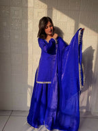 Teeya Creation Womens New Trending Less and Mirror Work Kurta Palazzo Set - Dark-Royal-Blue | Grocsy
