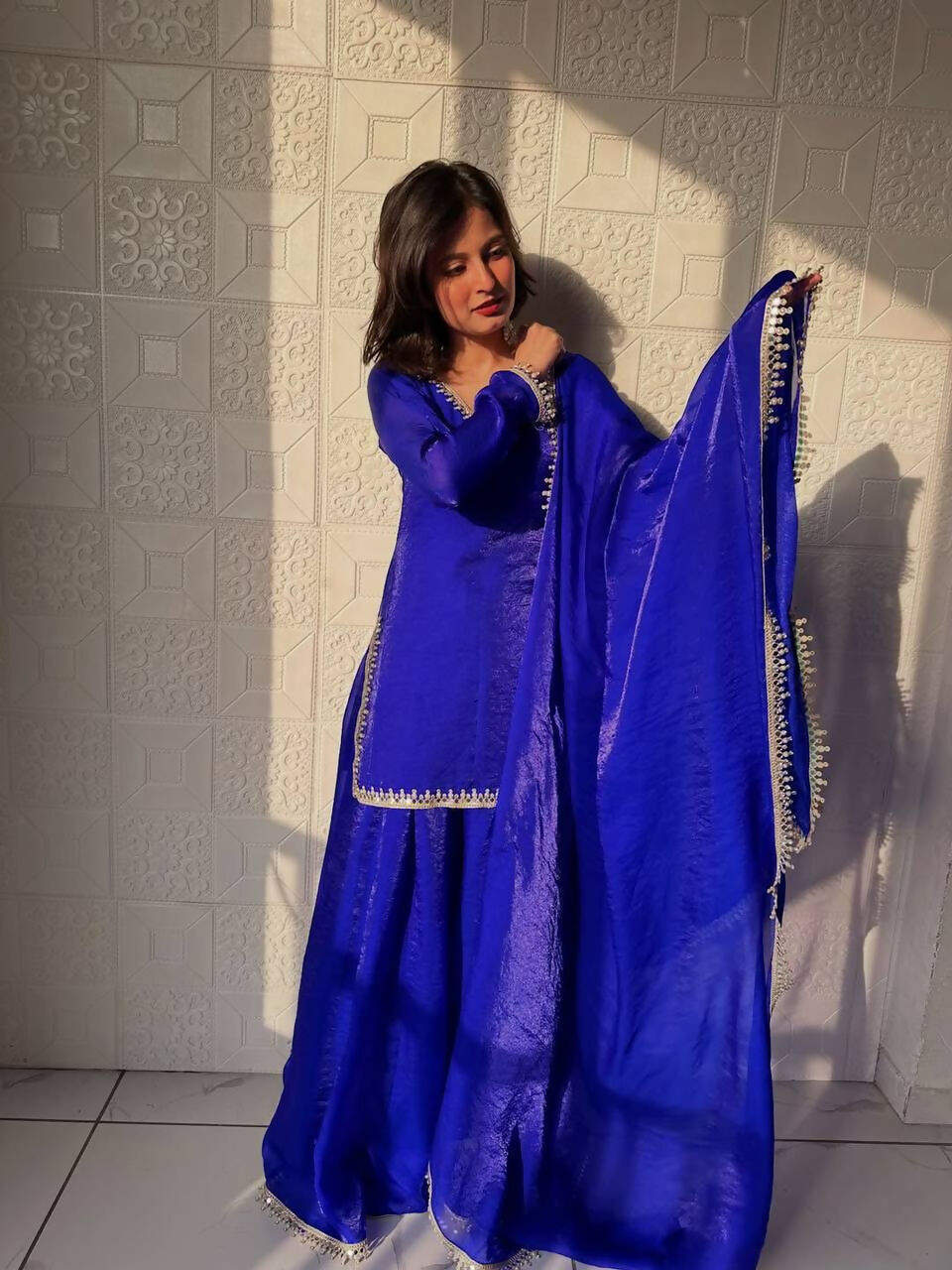 Teeya Creation Womens New Trending Less and Mirror Work Kurta Palazzo Set - Dark-Royal-Blue | Grocsy