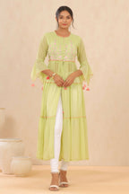 Juniper Women Green Chiffon Embroidered Tiered Kurta | Grocsy