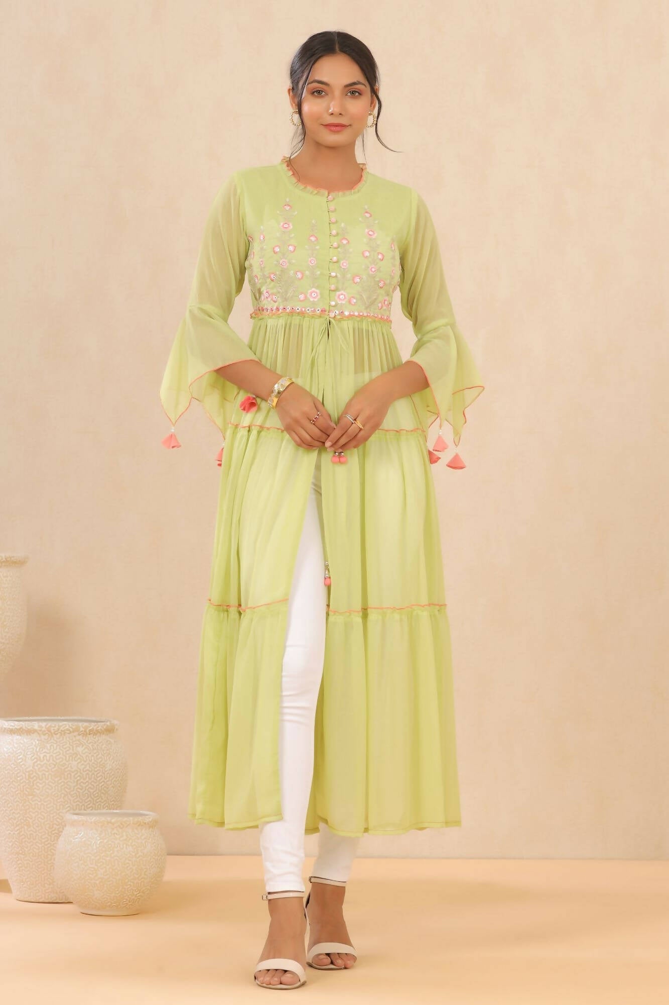 Juniper Women Green Chiffon Embroidered Tiered Kurta | Grocsy