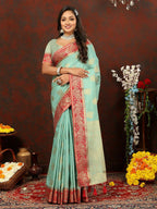 Lorenvalley Fashion Skyblue Cotton Woven Design with Zari Weaving Design Saree | Grocsy