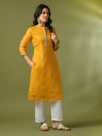 Myshka Women's Yellow Printed Cotton Blend Straight Party Kurta Set | Grocsy