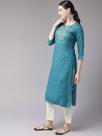 Yufta Women Teal Blue & Golden Printed Kurta with Trouser | Grocsy