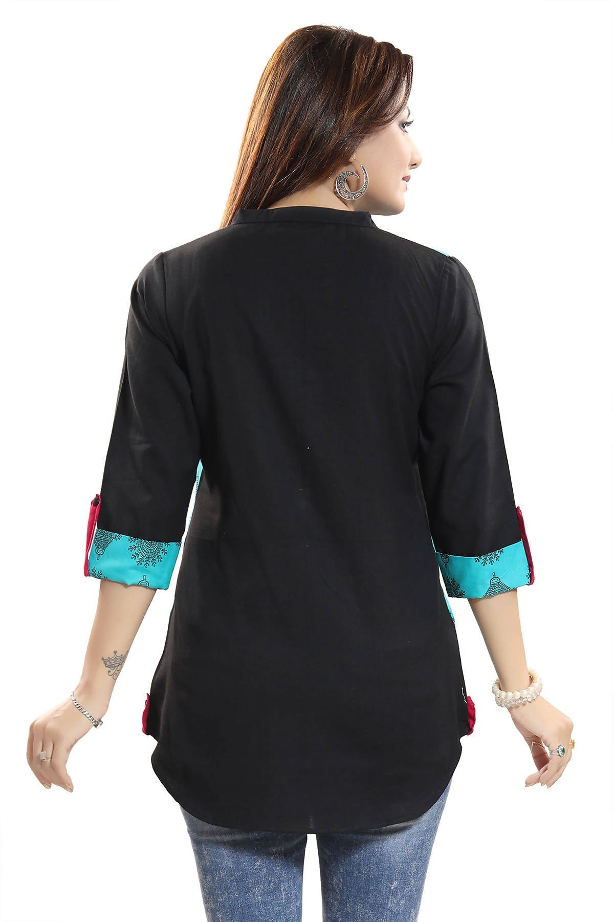 Snehal Creations Luscious Light Rama Cotton Printed Tunic Top With Roll On Sleeves | Grocsy
