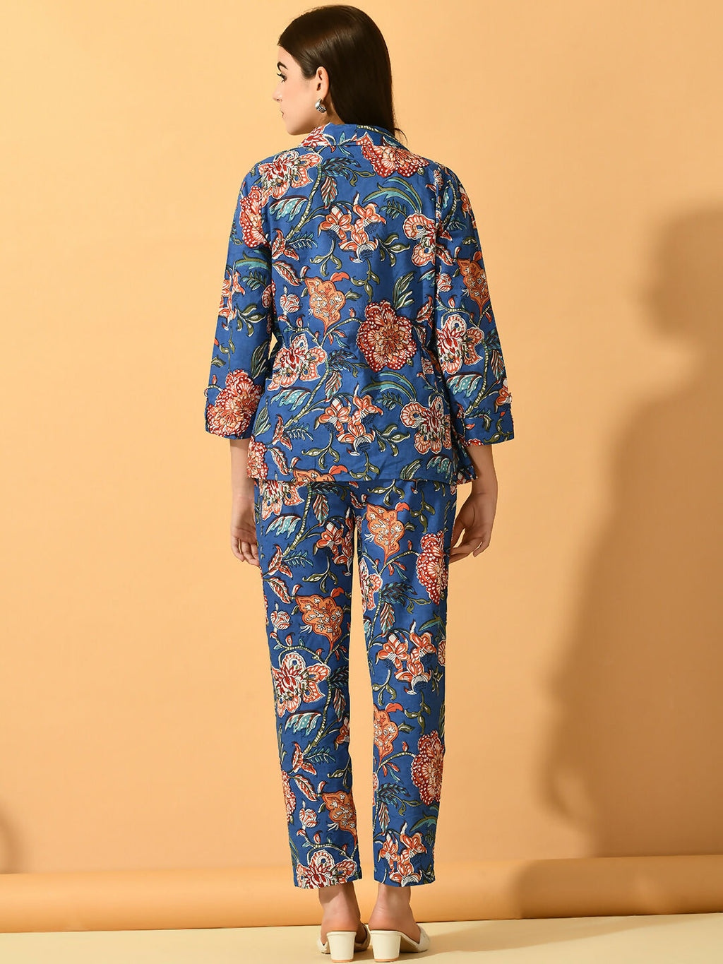 Myshka Women's Blue Printed Coat With Trousers | Grocsy